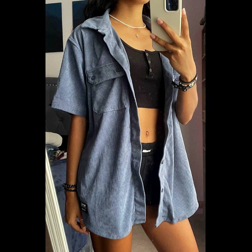 Short Sleeve Dusty Blue Corduroy Button-Up